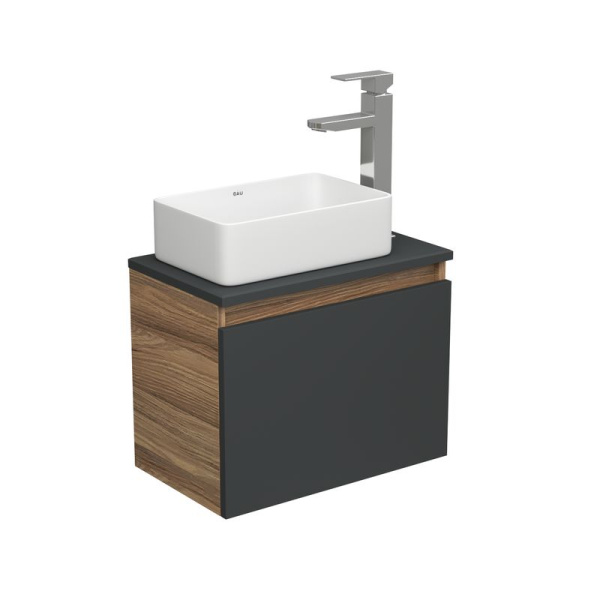 Комплект для ванной, 3 предмета (тумба Bau Dream 50, графит + раковина санфаянс накладная BAU Hotel mini 37х23, смеситель высокий Hotel Still)