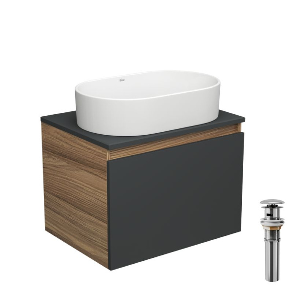 Тумба с раковиной и выпуском (тумба Bau Dream 60, графит + раковина санфаянс накладная овальная BAU Nimb 56х36, выпуск клик-клак, хром)
