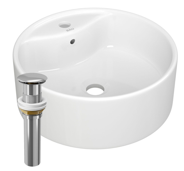 Раковина круглая накладная BAU Element D40, с отверстием под смеситель, белая + выпуск клик-клак, хром