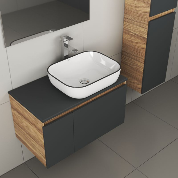 Комплект для ванной, 4 предмета (тумба Bau 80, графит + раковина BAU Stil Black Rand 50х40 + смеситель Hotel Still, выпуск клик-клак, хром)