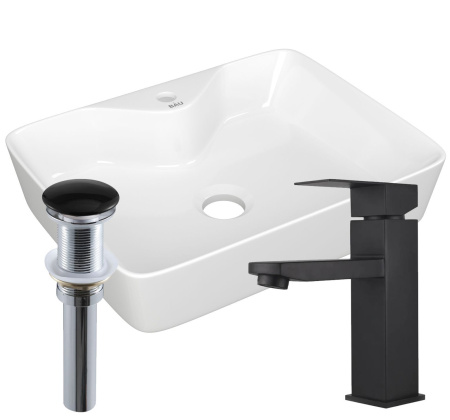 Раковина для ванной накладная прямоугольная BAU 48х37, с отв. под смеситель, белая + смеситель Hotel Black и выпуск клик-клак черный