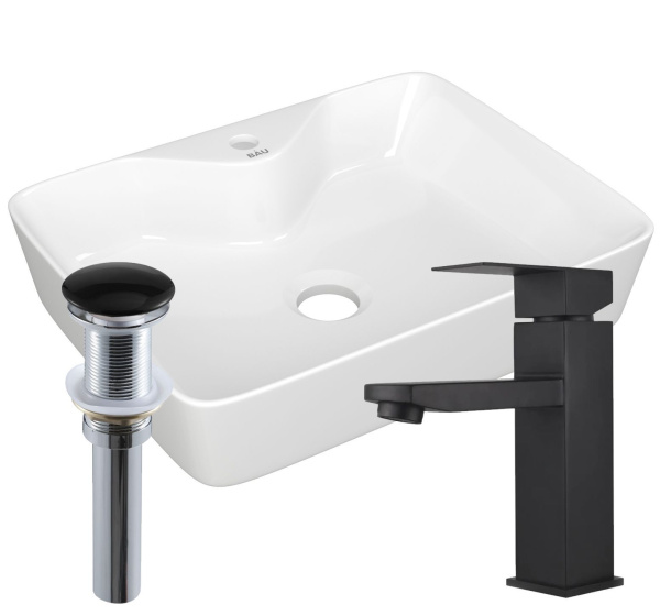 Раковина для ванной накладная прямоугольная BAU 48х37, с отв. под смеситель, белая + смеситель Hotel Black и выпуск клик-клак черный