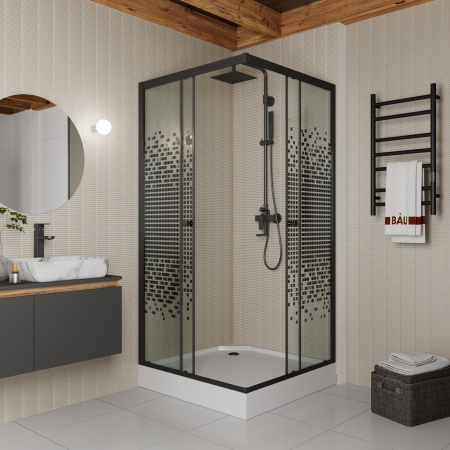 Душевой уголок BAU Stil квадратный с поддоном 90x90х195, прозрачное закаленное стекло с черным рисунком 5 мм, черный матовый профиль