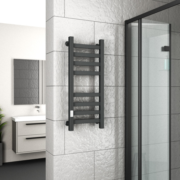 Полотенцесушитель электрический профильный Маргроид BAU В81/10 30х80, 2 вставки 4х4 размер 30*10, черный матовый RAL 9005 с таймером слева