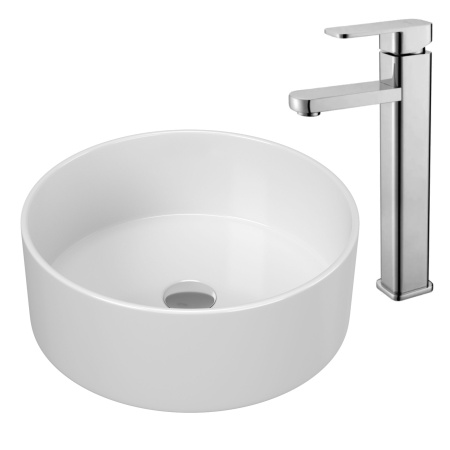 Раковина накладная со смесителем (BAU Dream круглая D41, белая + смеситель для раковины высокий Potato Hotel, хром)