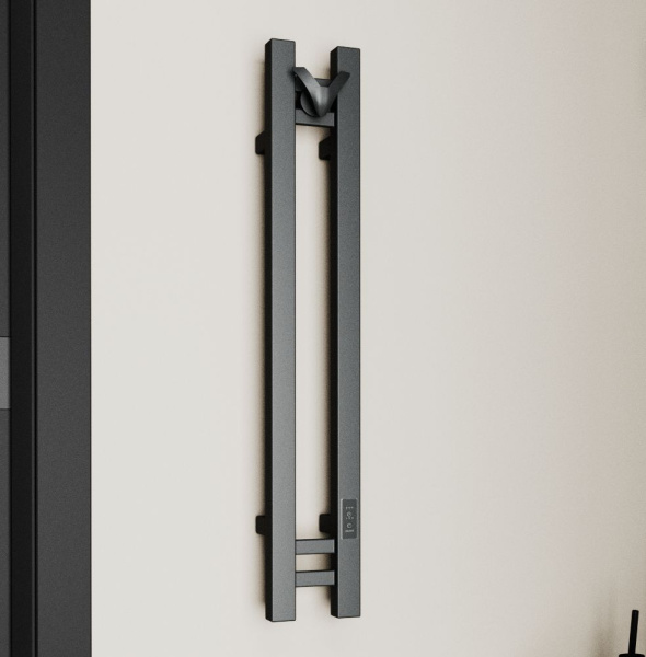 Полотенцесушитель дизайнерский электрический, профильный BAU Stella Square 10х80, 2 коллектора, 1 крючок, черный матовый RAL 9005