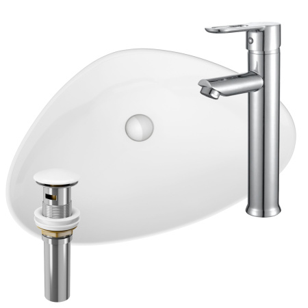 Раковина накладная со смесителем и выпуском (Умывальник BAU Triangle 59х39, белый + смеситель для раковины высокий Diadonna Dream, латунь, выпуск клик клак, белый)