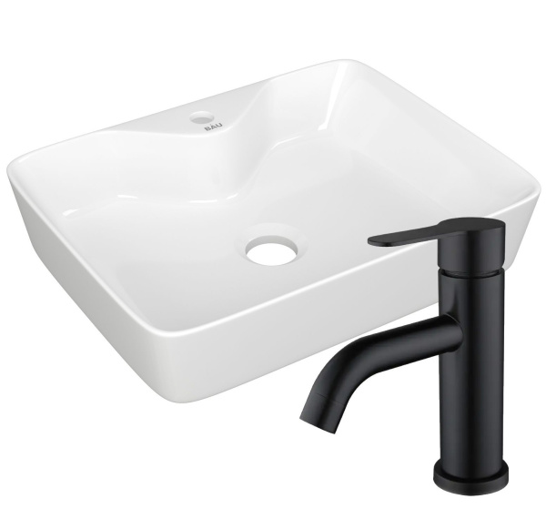 Раковина для ванной накладная прямоугольная BAU Cerama 48х37, белая + смеситель Dream Black, черный