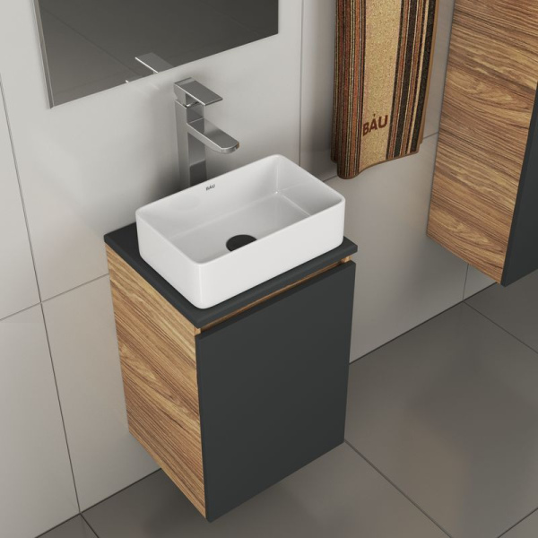 Комплект для ванной, 4 предмета (тумба Bau 40, графит + раковина BAU Hotel mini 37х23 + смеситель Hotel Still, выпуск клик-клак, черный)