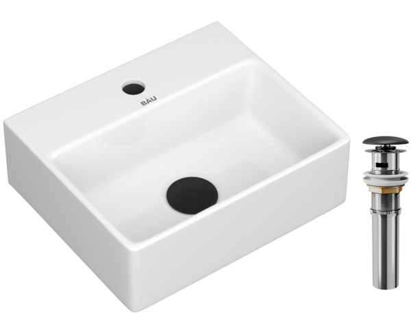 Раковина прямоугольная BAU Cerama Mini 33х28, с отверстием под смеситель, белая + выпуск