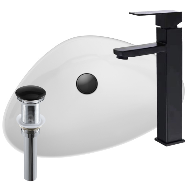 Раковина накладная со смесителем и выпуском (Умывальник BAU Triangle 59х39, белый + смеситель для раковины высокий Hotel Black, черный, выпуск клик клак, черный)