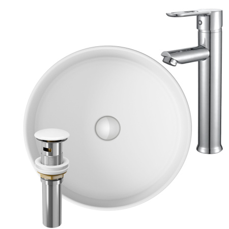 Раковина накладная со смесителем и выпуском (Умывальник BAU Dream круглый D41, белый + смеситель для раковины высокий Diadonna Dream, латунь, выпуск клик клак, белый)