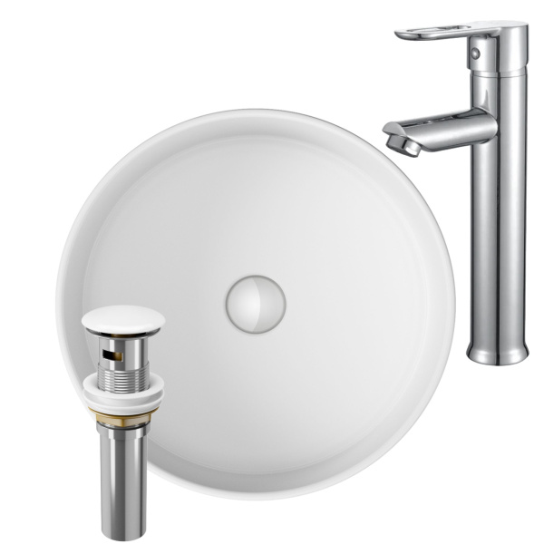 Раковина накладная со смесителем и выпуском (Умывальник BAU Dream круглый D41, белый + смеситель для раковины высокий Diadonna Dream, латунь, выпуск клик клак, белый)