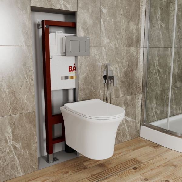 Комплект BAU 6 в 1: инсталляция BAU PRO, унитаз подвесной безободковый Bau Spectrum PRO, быстросъемное сиденье микролифт, кнопка смыва Stil Gun Grey, темно-серый металлик