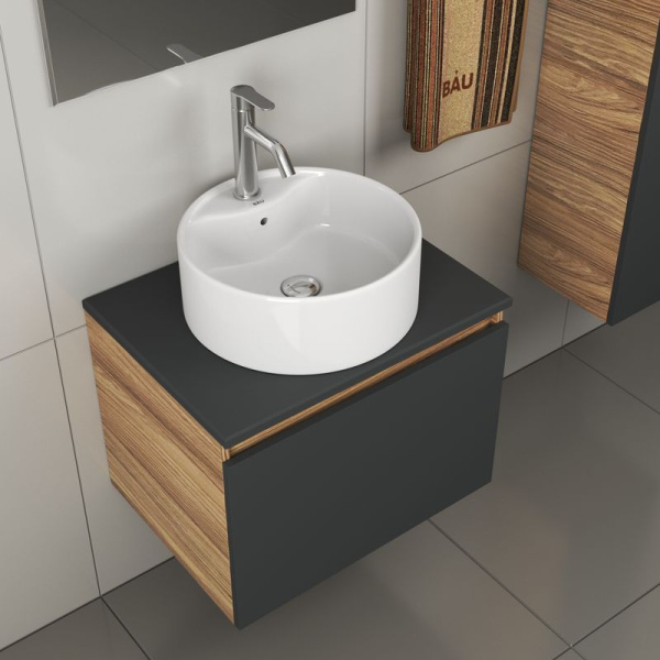 Комплект для ванной, 4 предмета (тумба Bau 60, графит + раковина BAU D40, с отв. под смеситель + смеситель Dream, выпуск клик-клак, хром)