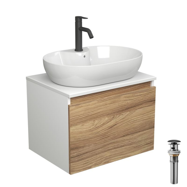 Комплект для ванной, 4 предмета (Тумба подвесная Bau Blackwood 60 + Раковина BAU 60х42, с отв. под см-ль + Смеситель Dream Black, выпуск черный)