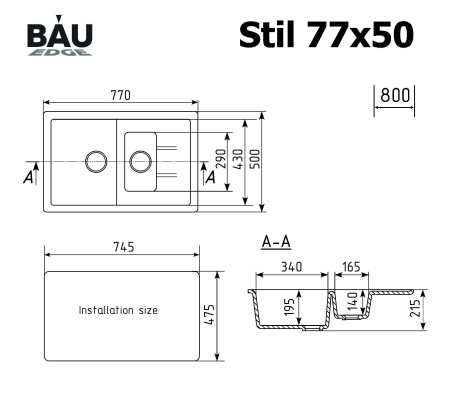 Мойка для кухни оборачиваемая полуторная чаша с крылом BAU Stil Black coal 77х50, выпуск с сифоном в комплекте, черный уголь