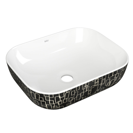 Раковина накладная со смесителем и выпуском (прямоугольная BAU Stil 50х40, белая/черная + смеситель Hotel Still, нер. сталь, выпуск клик-клак хром)