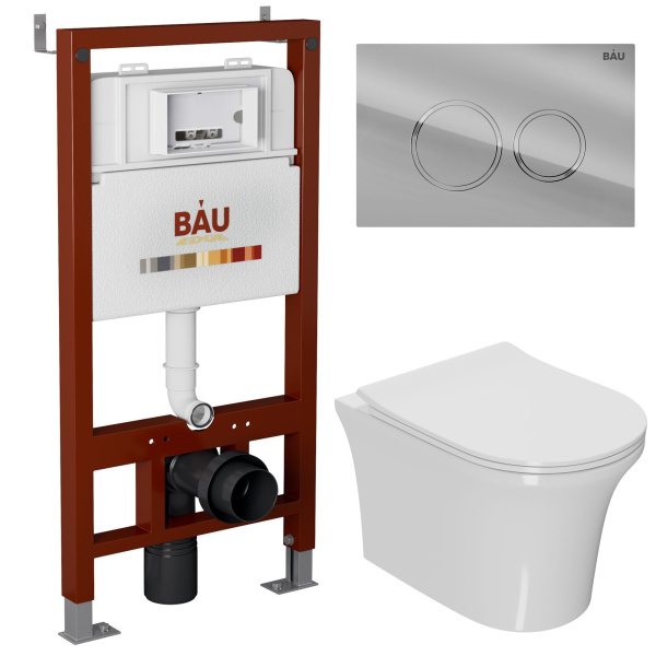 Комплект BAU 6 в 1: инсталляция BAU PRO, унитаз подвесной безободковый Bau Spectrum PRO, сиденье быстросъемное микролифт, клавиша BAU Dream, хром