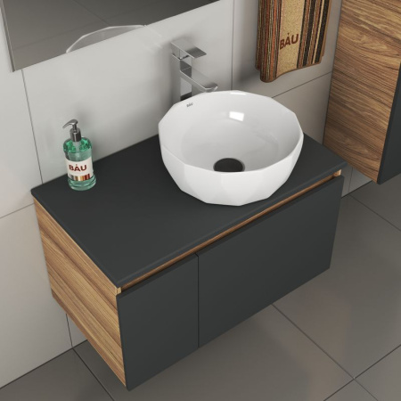 Комплект для ванной, 4 предмета (тумба Bau 80, графит + раковина на столешницу BAU Diamond D40 + смеситель Hotel Still, выпуск клик-клак, черный)