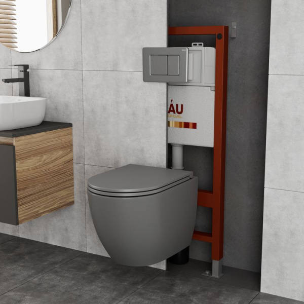 Комплект BAU 6 в 1: инсталляция BAU PRO, унитаз подвесной безободковый торнадо обратного потока Bau Dream Hurricane-2 серый матовый, сиденье дюропласт микролифт, клавиша Gun Grey, темно-серый металлик
