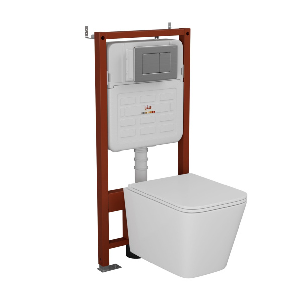 Комплект BAU 6 в 1: усиленная инсталляция BAU IDEAL, унитаз подвесной безободковый торнадо обратного потока Bau Stil Hurricane-2, сиденье микролифт, клавиша BAU Light антивандальная, нерж. Сталь