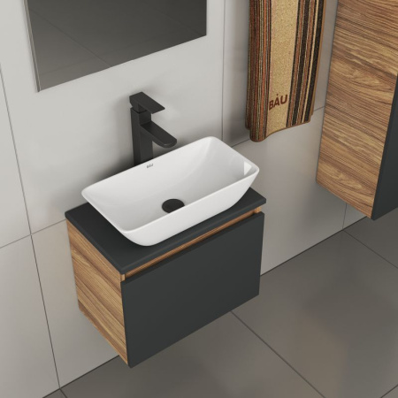 Комплект для ванной, 4 предмета (тумба Bau 50, графит + раковина чаша BAU Spectrum mini 47х24 + смеситель Hotel Black, выпуск клик-клак, черный)
