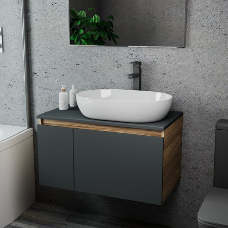 Комплект для ванной, 3 предмета (Тумба подвесная Bau Blackwood 80 графит + Раковина BAU 59х40, Смеситель высокий Hotel Black, черный)