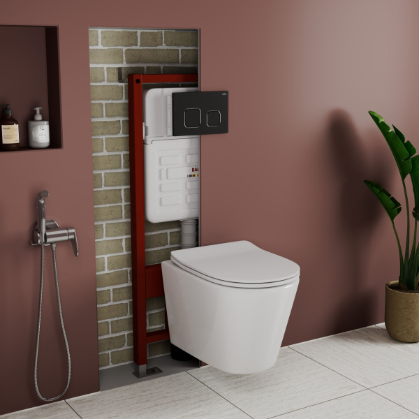 Комплект BAU 6 в 1: усиленная инсталляция BAU IDEAL, унитаз подвесной безободковый Bau Nimb, сиденье дюропласт микролифт, клавиша BAU Strike, черная матовая