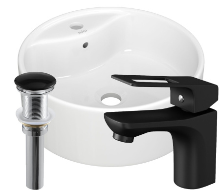 Раковина накладная со смесителем и выпуском (круглая BAU D40 белая + смеситель Cerama Black, черный, выпуск клик-клак черный)
