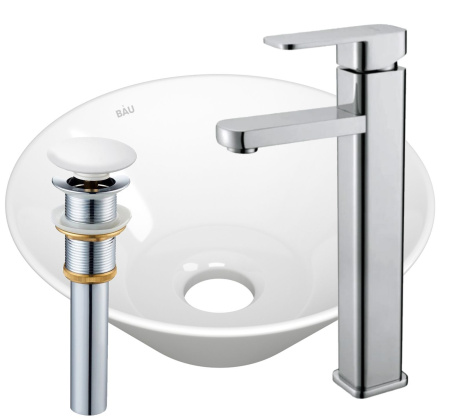 Раковина накладная со смесителем и выпуском (круглая BAU Dream D43, белая + смеситель Hotel Still, нер. сталь, выпуск клик-клак белый)