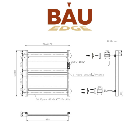 Полотенцесушитель дизайнерский электрический BAU Elite Gun Grey 53х52, подключение справа, темно-серый металлик