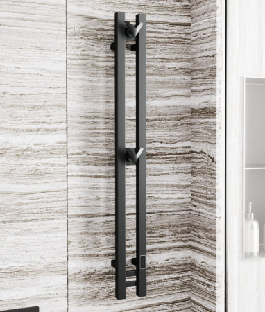 Полотенцесушитель дизайнерский электрический, профильный BAU Stella Square 10х120, 2 коллектора, 2 крючка, черный матовый