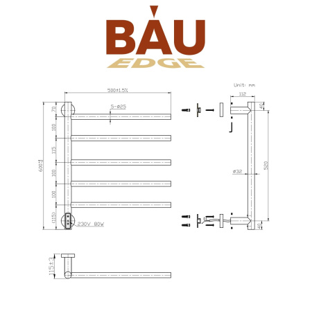 Полотенцесушитель дизайнерский электрический BAU Nimb Elegant White 60х50, подключение нижнее, белый матовый