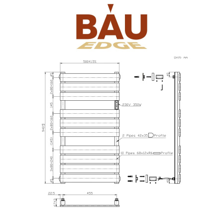 Полотенцесушитель дизайнерский электрический BAU Spectrum Gun Grey 94х50, подключение справа, темно-серый металлик