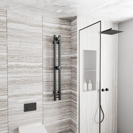 Полотенцесушитель дизайнерский электрический, профильный BAU Stella Square 10х120, 2 коллектора, 2 крючка, черный матовый
