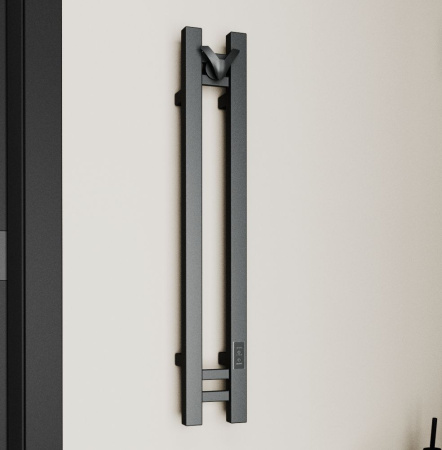 Полотенцесушитель дизайнерский электрический, профильный BAU Stella Square 10х80, 2 коллектора, 1 крючок, черный матовый RAL 9005